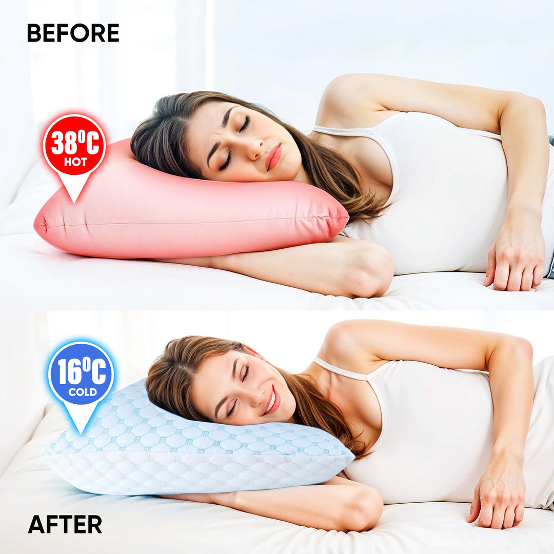 Cooling gel pillow with blue gel layer, ergonomic design, 76x50cm for hot sleepers and back relief, ideal for night sweats.