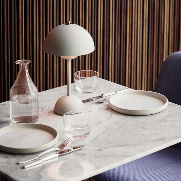 Cordless Retro LED Table Lamp with umbrella shade; emits warm glow; portable and customizable with modern energy-efficient de