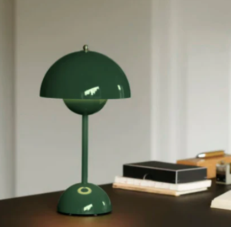 Cordless Retro LED Table Lamp with umbrella shade; emits warm glow; portable and customizable with modern energy-efficient de