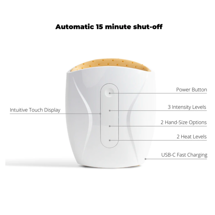 Cordless USB hand massager with white durable exterior, soft cushioning, offering heat and compression for hand relaxation.
