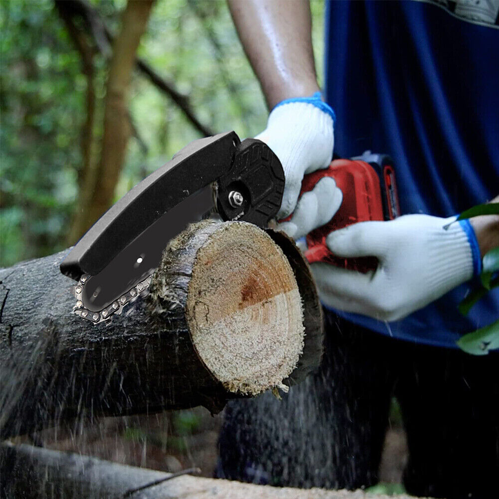 "Cordless rechargeable 6-inch chainsaw, compact design, ergonomic grip, ideal for tree trimming, garden, DIY tasks."