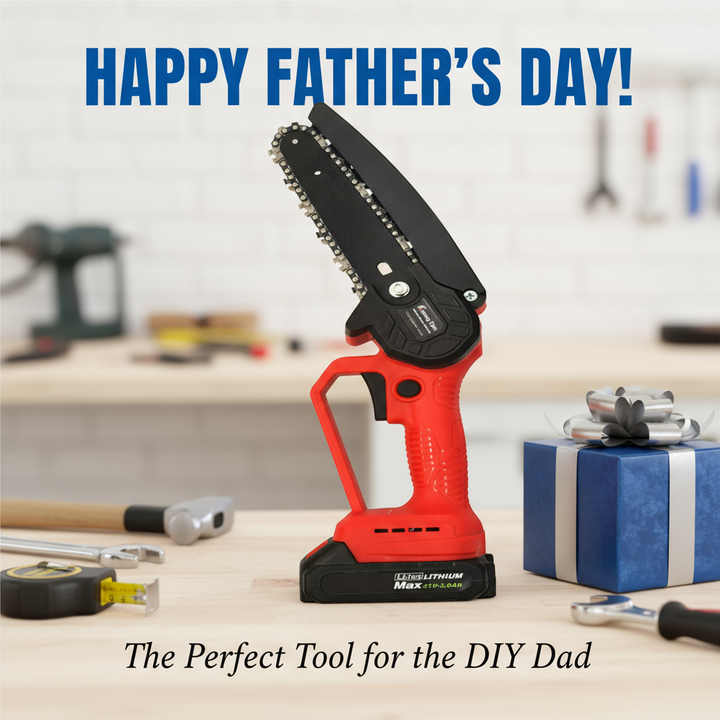 "Cordless rechargeable 6-inch chainsaw, compact design, ergonomic grip, ideal for tree trimming, garden, DIY tasks."