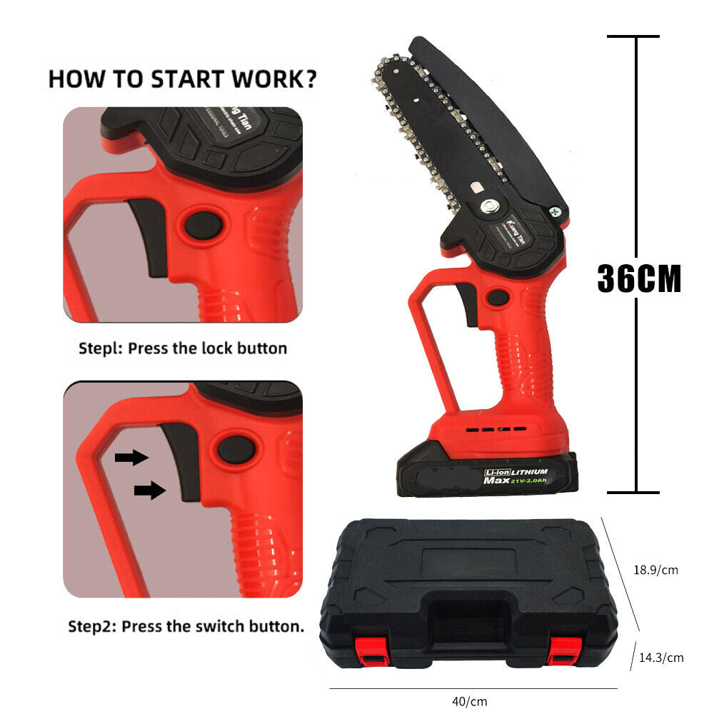 "Cordless rechargeable 6-inch chainsaw, compact design, ergonomic grip, ideal for tree trimming, garden, DIY tasks."