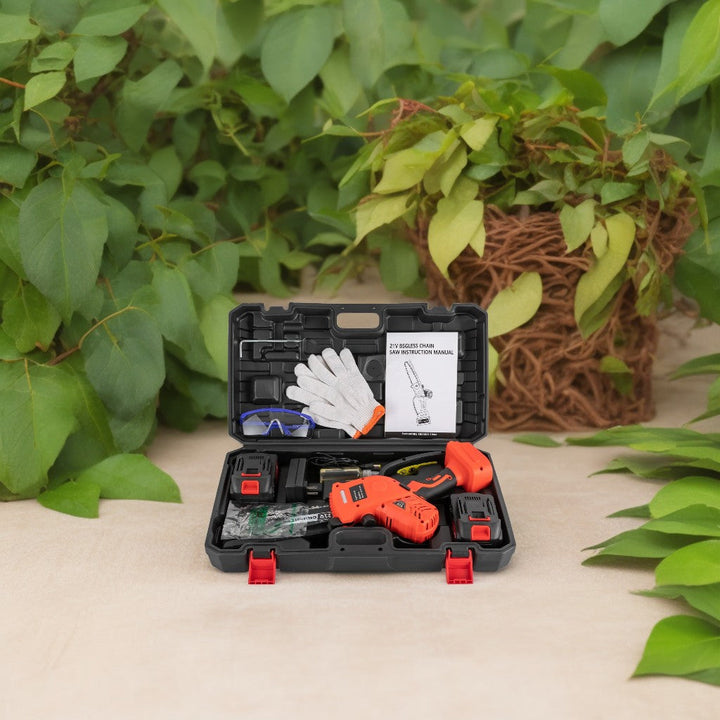 "Cordless rechargeable 6-inch chainsaw, compact design, ergonomic grip, ideal for tree trimming, garden, DIY tasks."