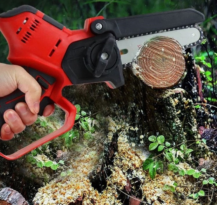 "Cordless rechargeable 6-inch chainsaw, compact design, ergonomic grip, ideal for tree trimming, garden, DIY tasks."