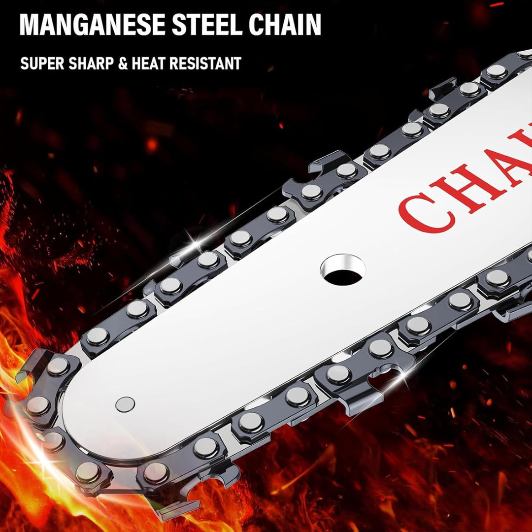 "Cordless rechargeable 6-inch chainsaw, compact design, ergonomic grip, ideal for tree trimming, garden, DIY tasks."