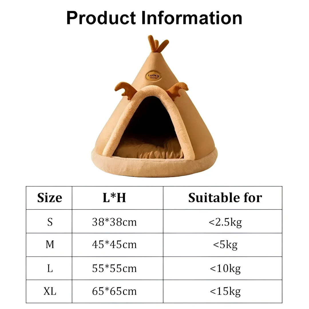 "Cosy teepee cuddle cave for dogs and cats with plush padding, heat-retentive material, and chic design for comfort and style