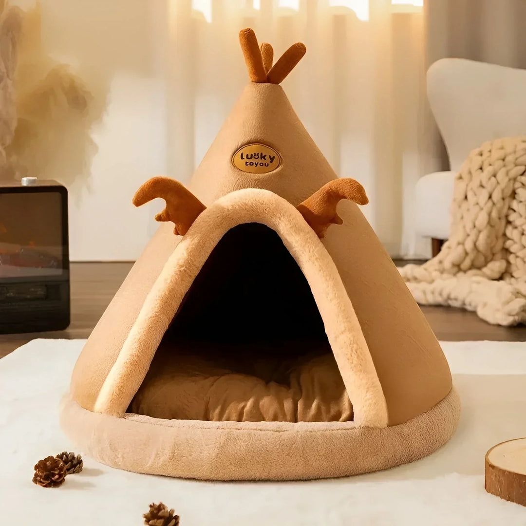 "Cosy teepee cuddle cave for dogs and cats with plush padding, heat-retentive material, and chic design for comfort and style