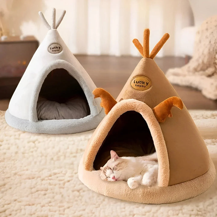 "Cosy teepee cuddle cave for dogs and cats with plush padding, heat-retentive material, and chic design for comfort and style