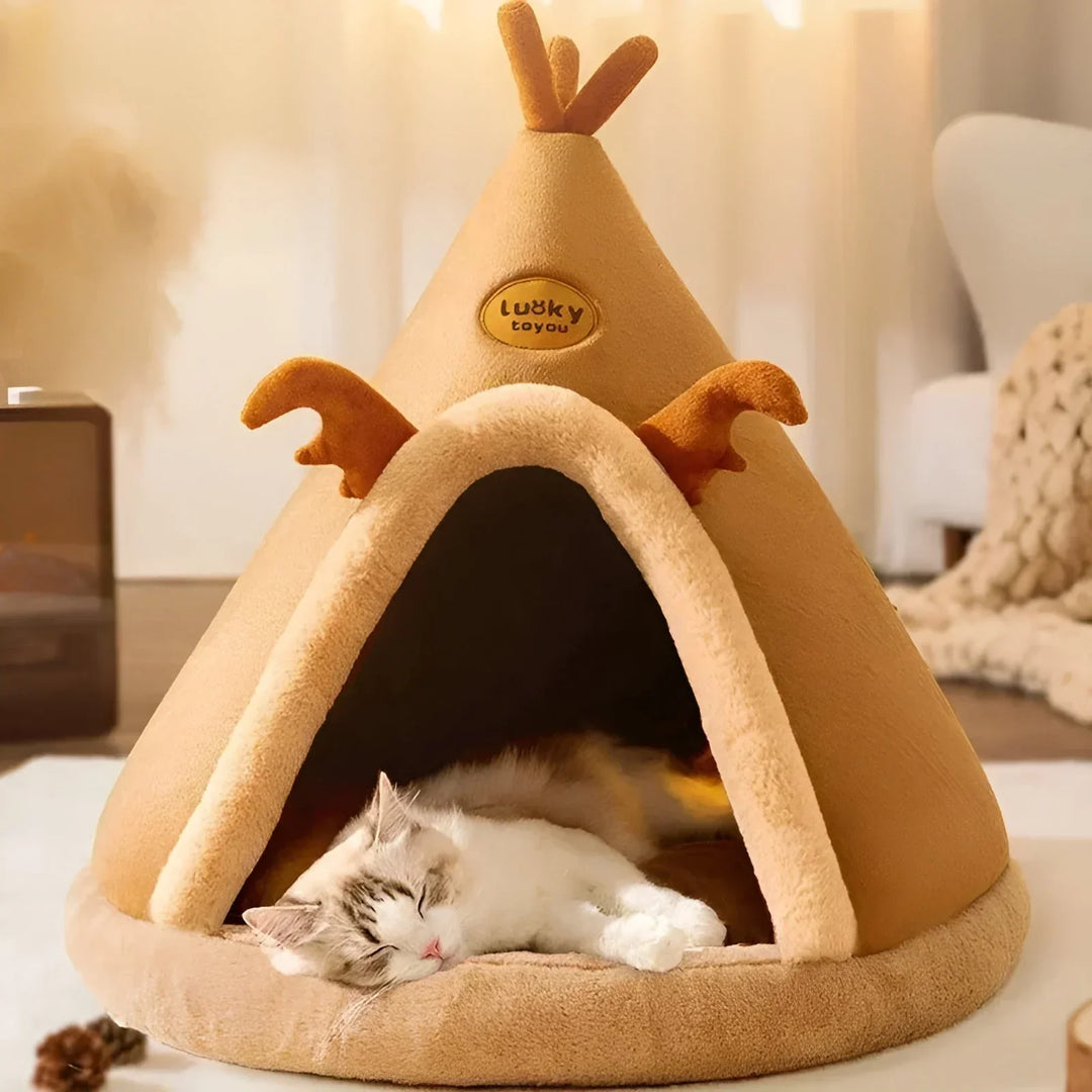 "Cosy teepee cuddle cave for dogs and cats with plush padding, heat-retentive material, and chic design for comfort and style