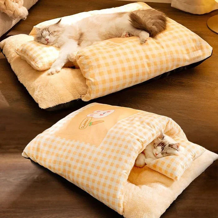 "Cozy plush cat cave bed in stylish neutral tones, offering warmth and security for ultimate feline comfort and relaxation."