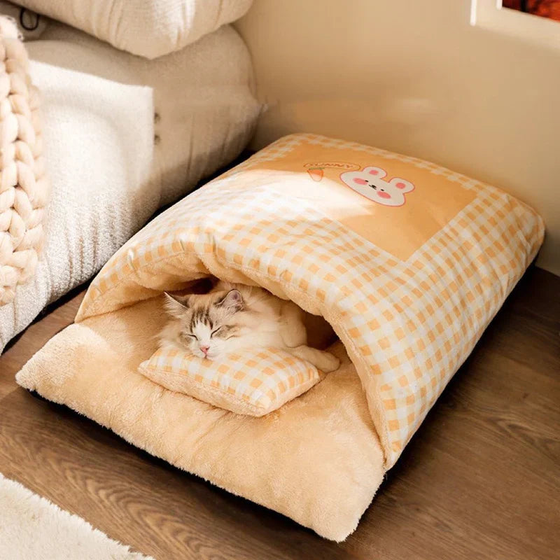 "Cozy plush cat cave bed in stylish neutral tones, offering warmth and security for ultimate feline comfort and relaxation."