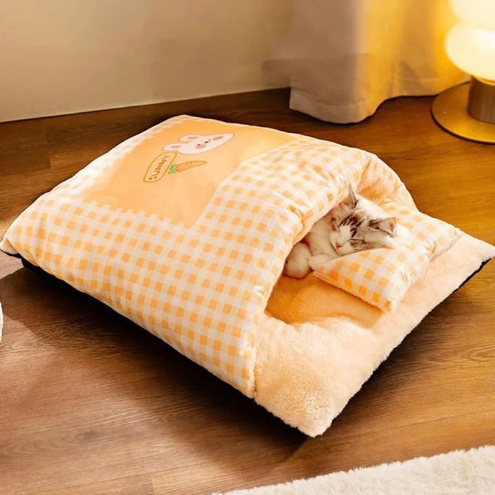 "Cozy plush cat cave bed in stylish neutral tones, offering warmth and security for ultimate feline comfort and relaxation."