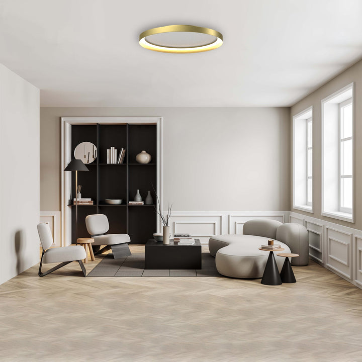 "Dimmable LED flush mount ceiling light with sleek round aluminum casing, opal diffuser, modern design, CCT selection."
