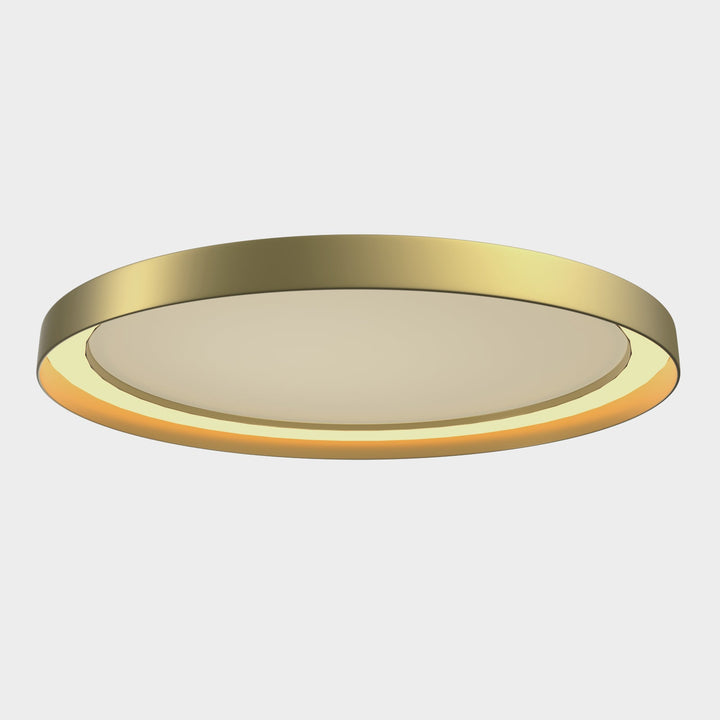 "Dimmable LED flush mount ceiling light with sleek round aluminum casing, opal diffuser, modern design, CCT selection."
