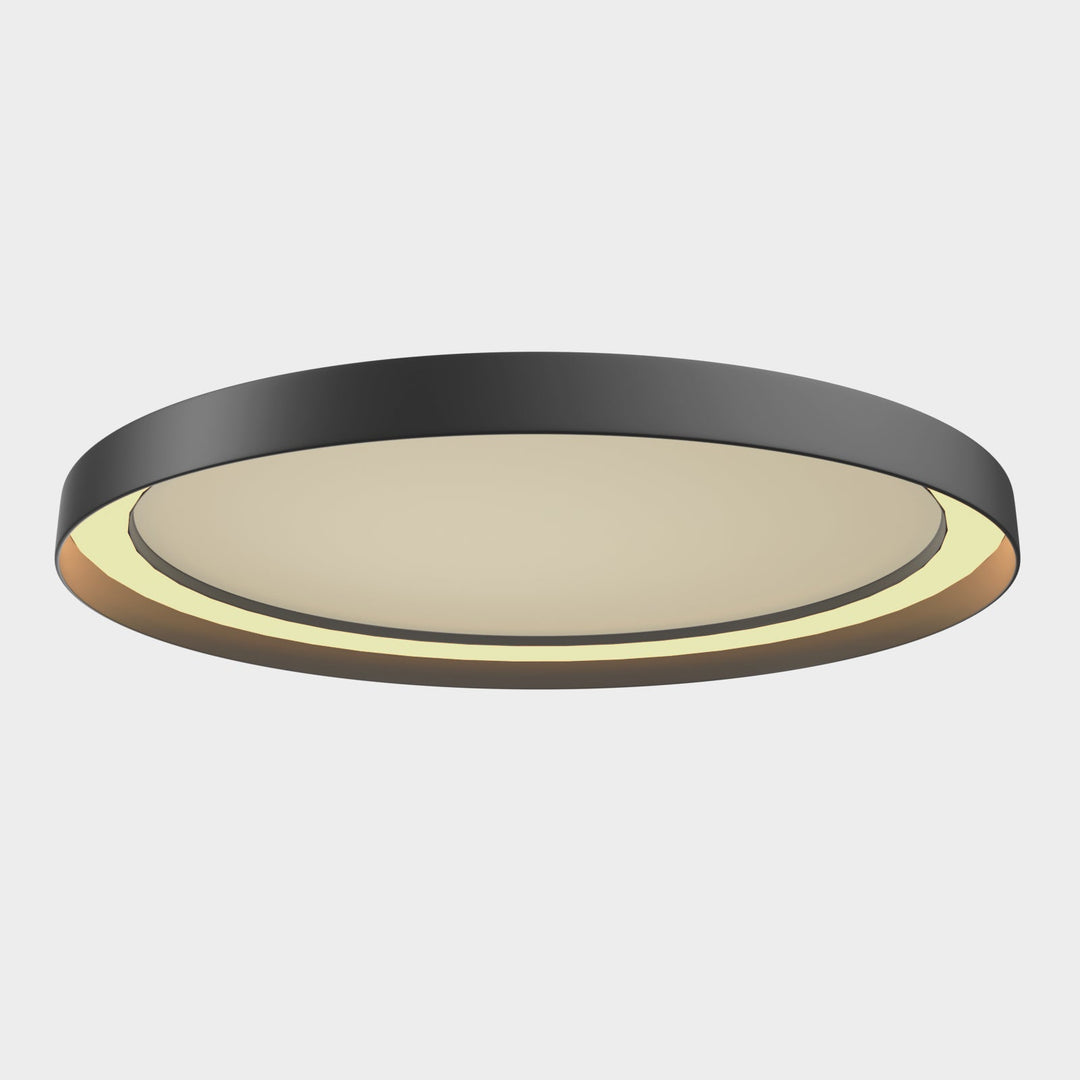 "Dimmable LED flush mount ceiling light with sleek round aluminum casing, opal diffuser, modern design, CCT selection."