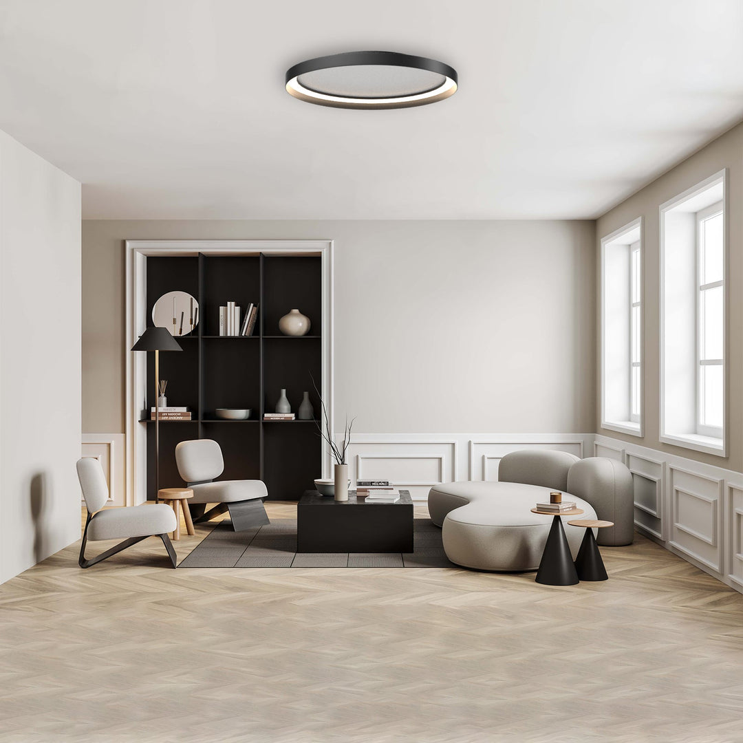 "Dimmable LED flush mount ceiling light with sleek round aluminum casing, opal diffuser, modern design, CCT selection."