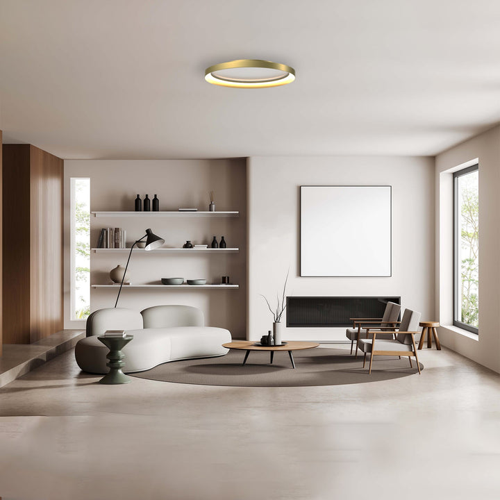 "Dimmable LED flush mount ceiling light with sleek round aluminum casing, opal diffuser, modern design, CCT selection."
