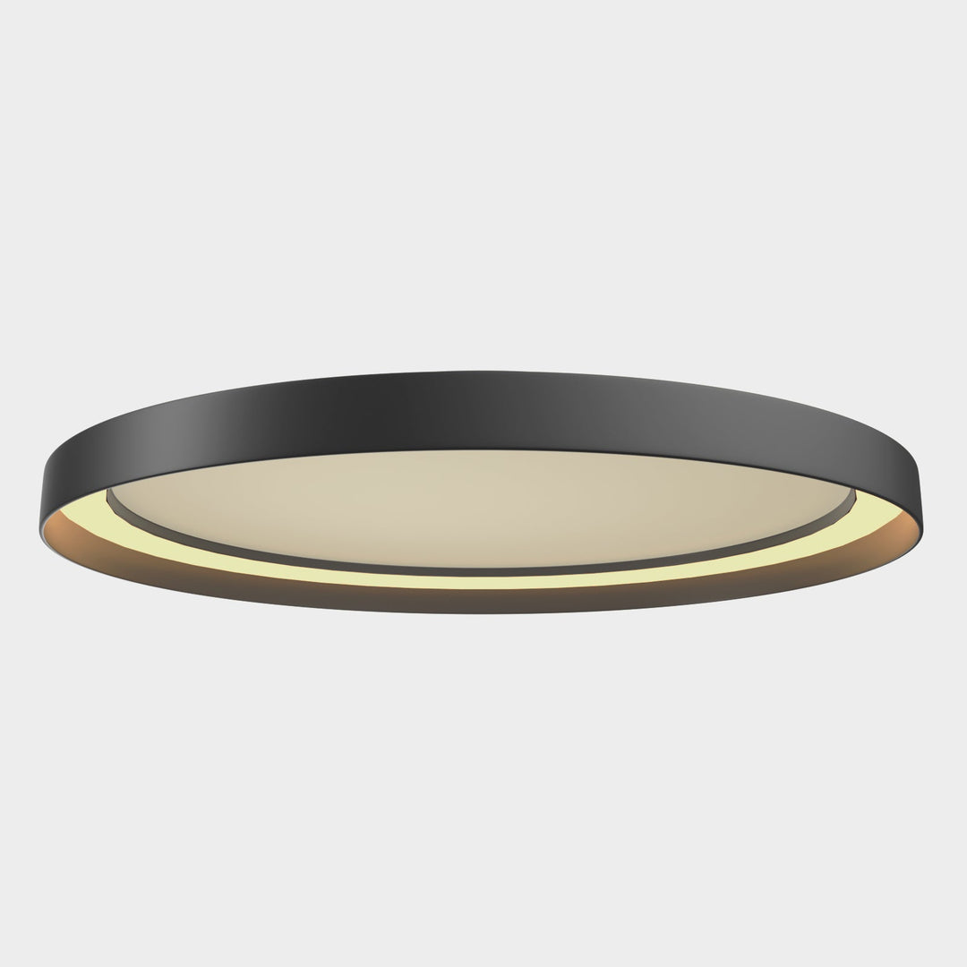 "Dimmable LED flush mount ceiling light with sleek round aluminum casing, opal diffuser, modern design, CCT selection."