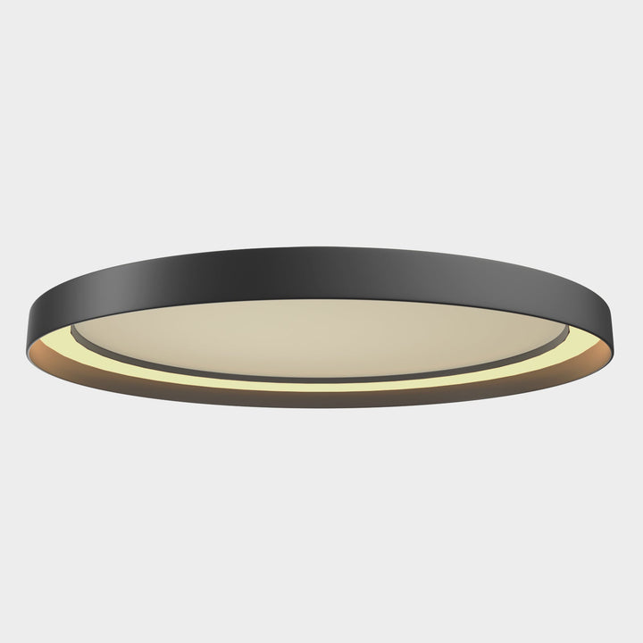 "Dimmable LED flush mount ceiling light with sleek round aluminum casing, opal diffuser, modern design, CCT selection."