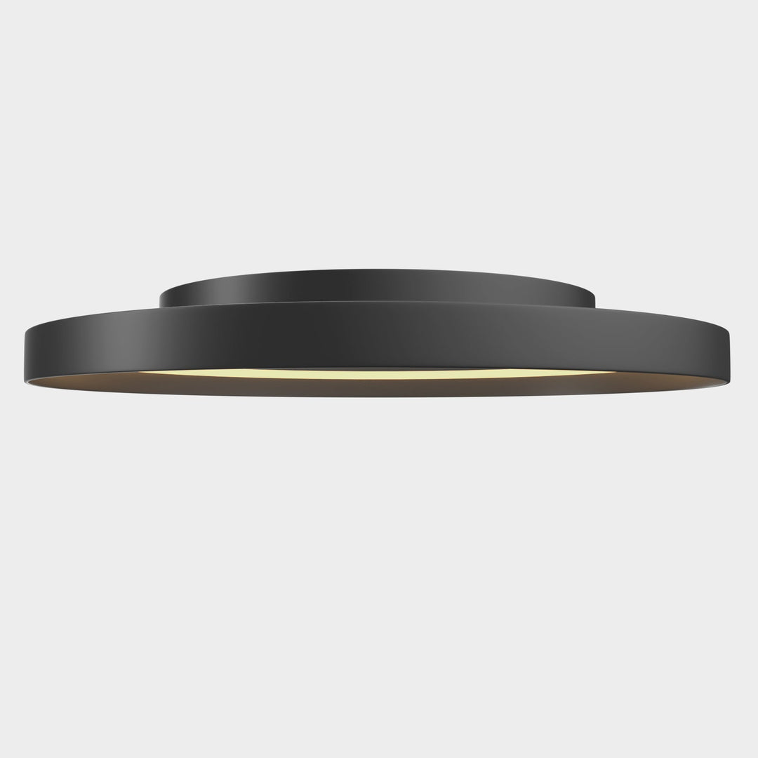 "Dimmable LED flush mount ceiling light with sleek round aluminum casing, opal diffuser, modern design, CCT selection."