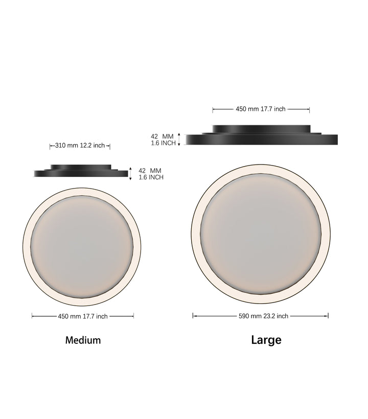 "Dimmable LED flush mount ceiling light with sleek round aluminum casing, opal diffuser, modern design, CCT selection."