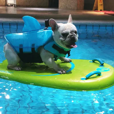 Dog life jacket with shark fin, offering buoyancy and fun for all water activities; bright material, adjustable straps.
