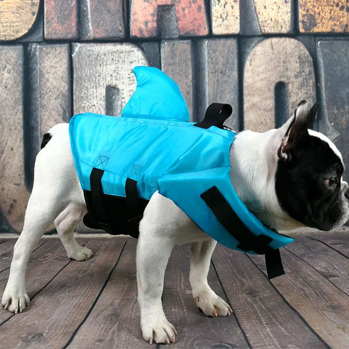 Dog life jacket with shark fin, offering buoyancy and fun for all water activities; bright material, adjustable straps.