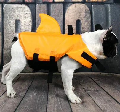 Dog life jacket with shark fin, offering buoyancy and fun for all water activities; bright material, adjustable straps.