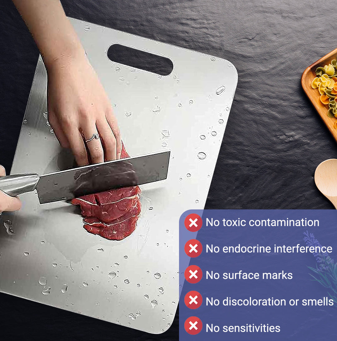 "Durable, bacteria-resistant stainless steel cutting board on countertop, non-porous surface perfect for hygienic food prep."