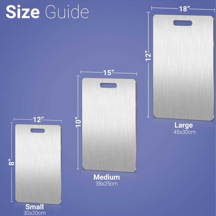 "Durable, bacteria-resistant stainless steel cutting board on countertop, non-porous surface perfect for hygienic food prep."