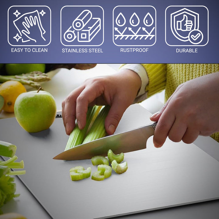 "Durable, bacteria-resistant stainless steel cutting board on countertop, non-porous surface perfect for hygienic food prep."