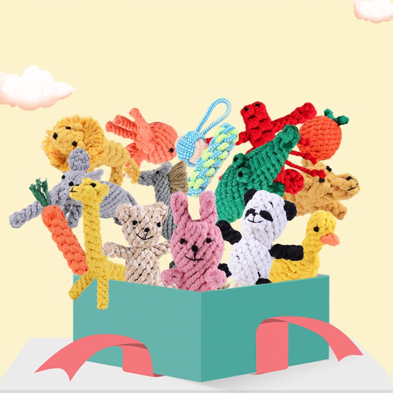 Durable dog chew toy in vibrant colors, shaped like animals, promotes dental health, suitable for tough chewers.