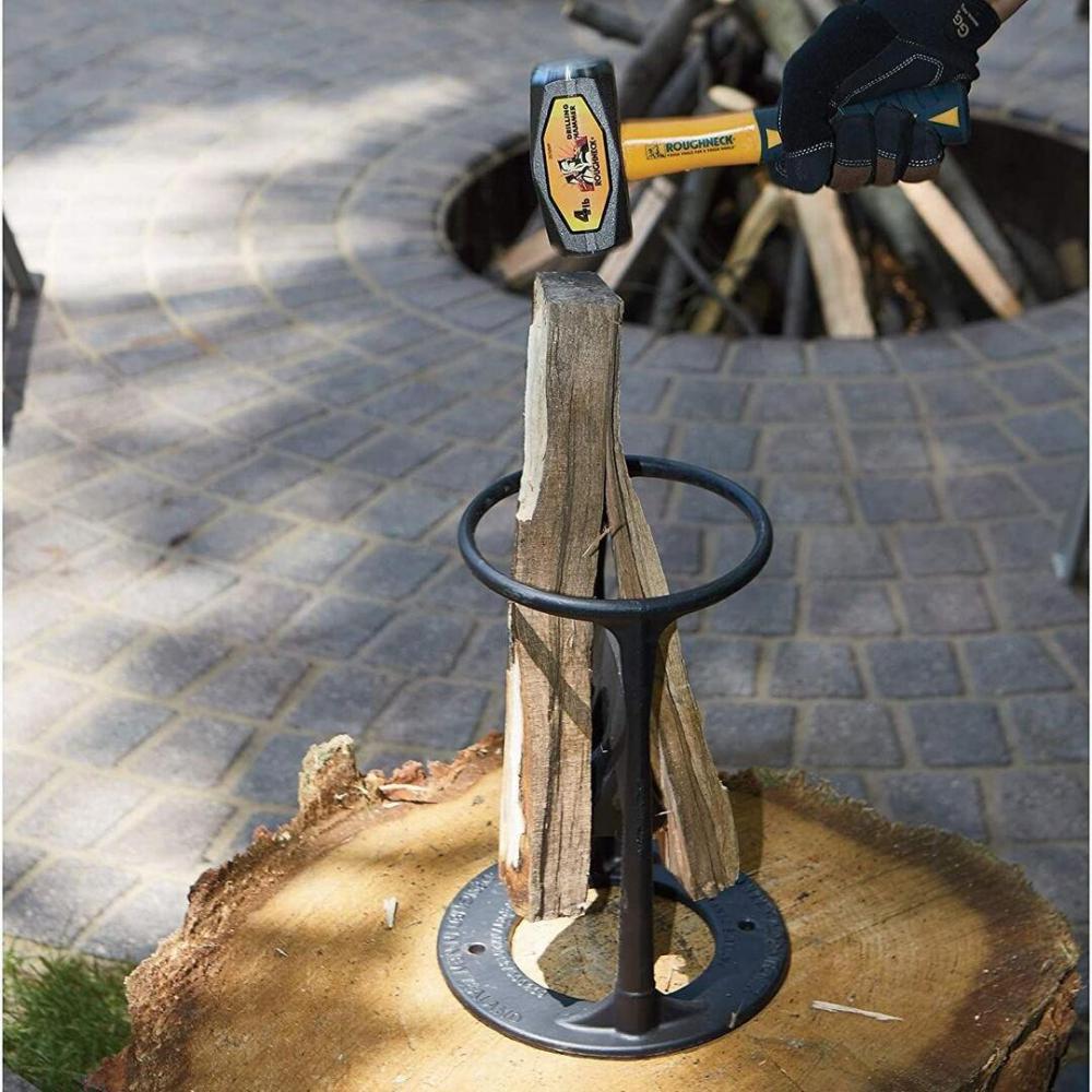 Durable manual log splitter with a sturdy steel blade, black cast iron design for easy and safe wood cutting.