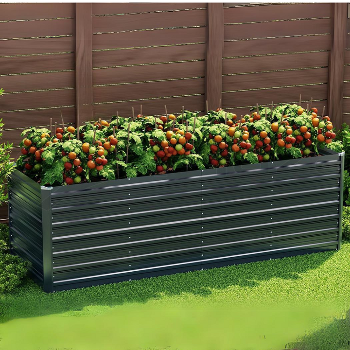 "Durable steel raised garden bed in sleek grey, ideal for herbs and vegetables, easy assembly, adds modern touch to gardens."