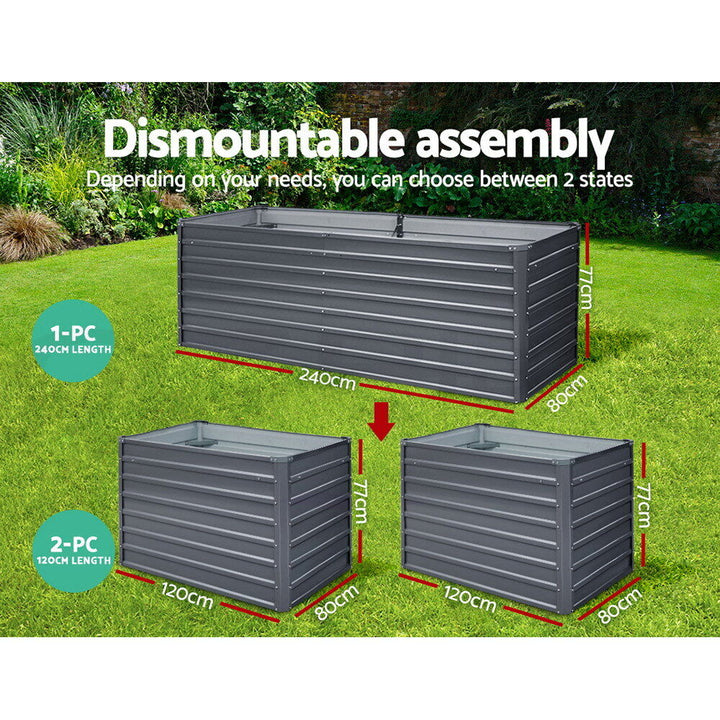 "Durable steel raised garden bed in sleek grey, ideal for herbs and vegetables, easy assembly, adds modern touch to gardens."