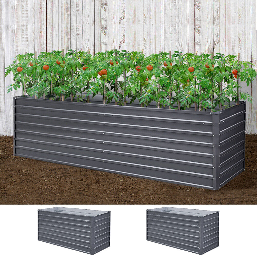 "Durable steel raised garden bed in sleek grey, ideal for herbs and vegetables, easy assembly, adds modern touch to gardens."