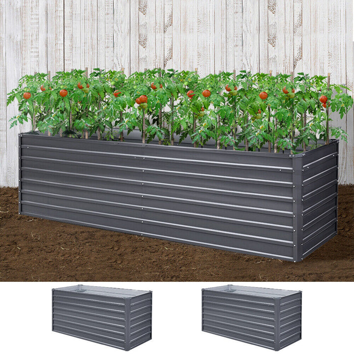 "Durable steel raised garden bed in sleek grey, ideal for herbs and vegetables, easy assembly, adds modern touch to gardens."