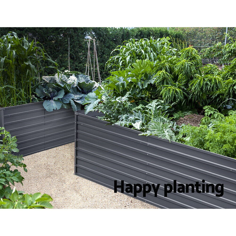 "Durable steel raised garden bed in sleek grey, ideal for herbs and vegetables, easy assembly, adds modern touch to gardens."