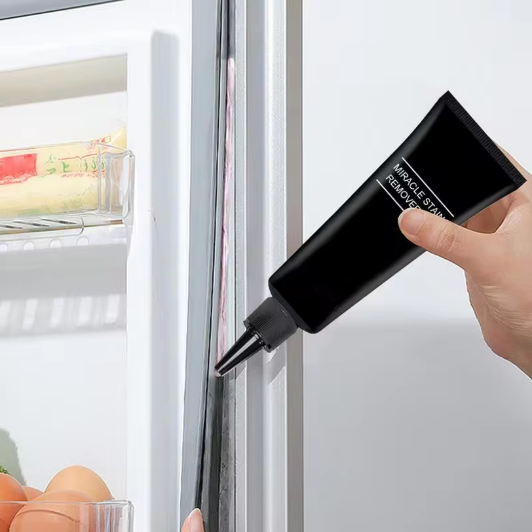 "Eco-friendly mould stain removal gel in tube; powerful cleaning for grout, tiles, sinks; deep penetration; no scrubbing."