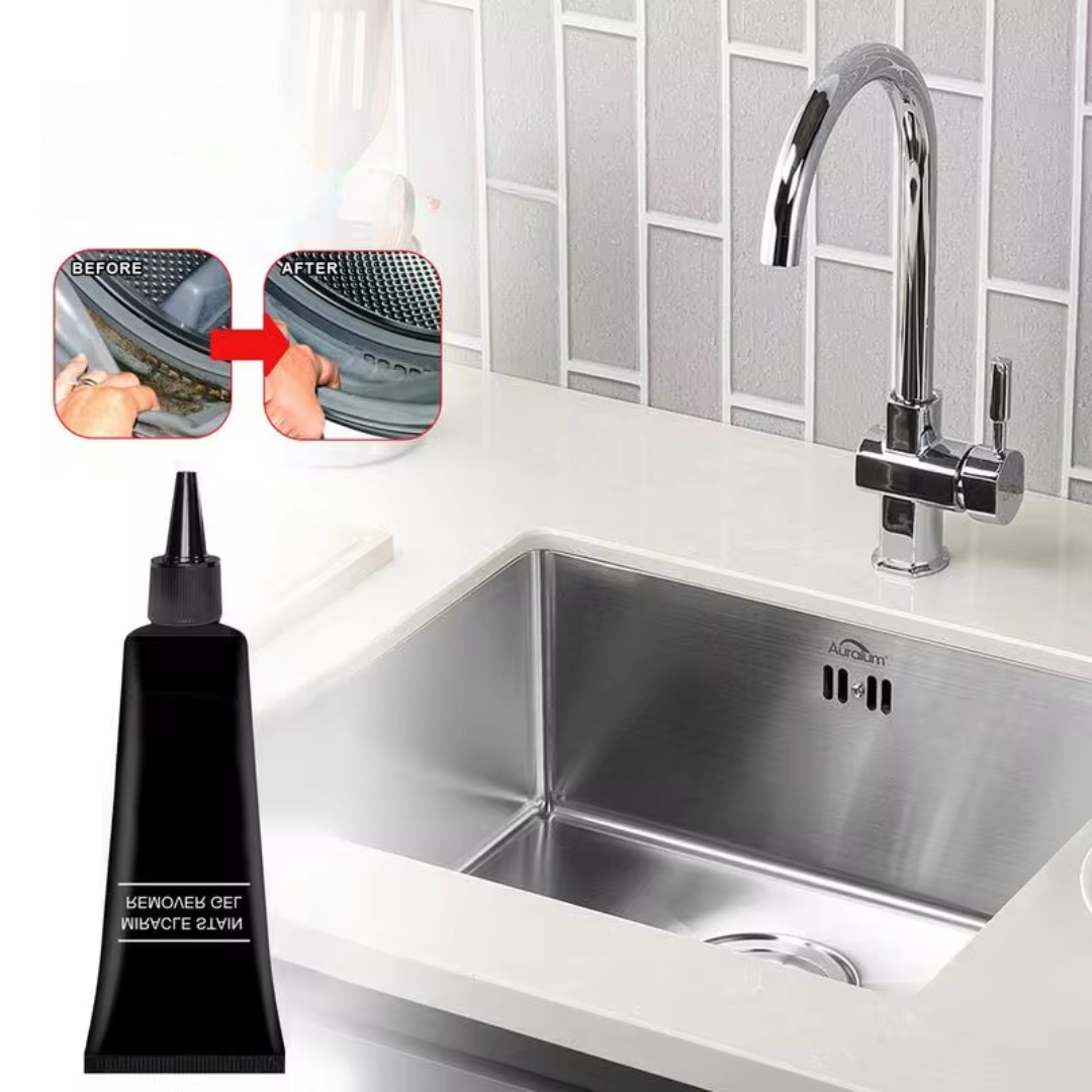 "Eco-friendly mould stain removal gel in tube; powerful cleaning for grout, tiles, sinks; deep penetration; no scrubbing."
