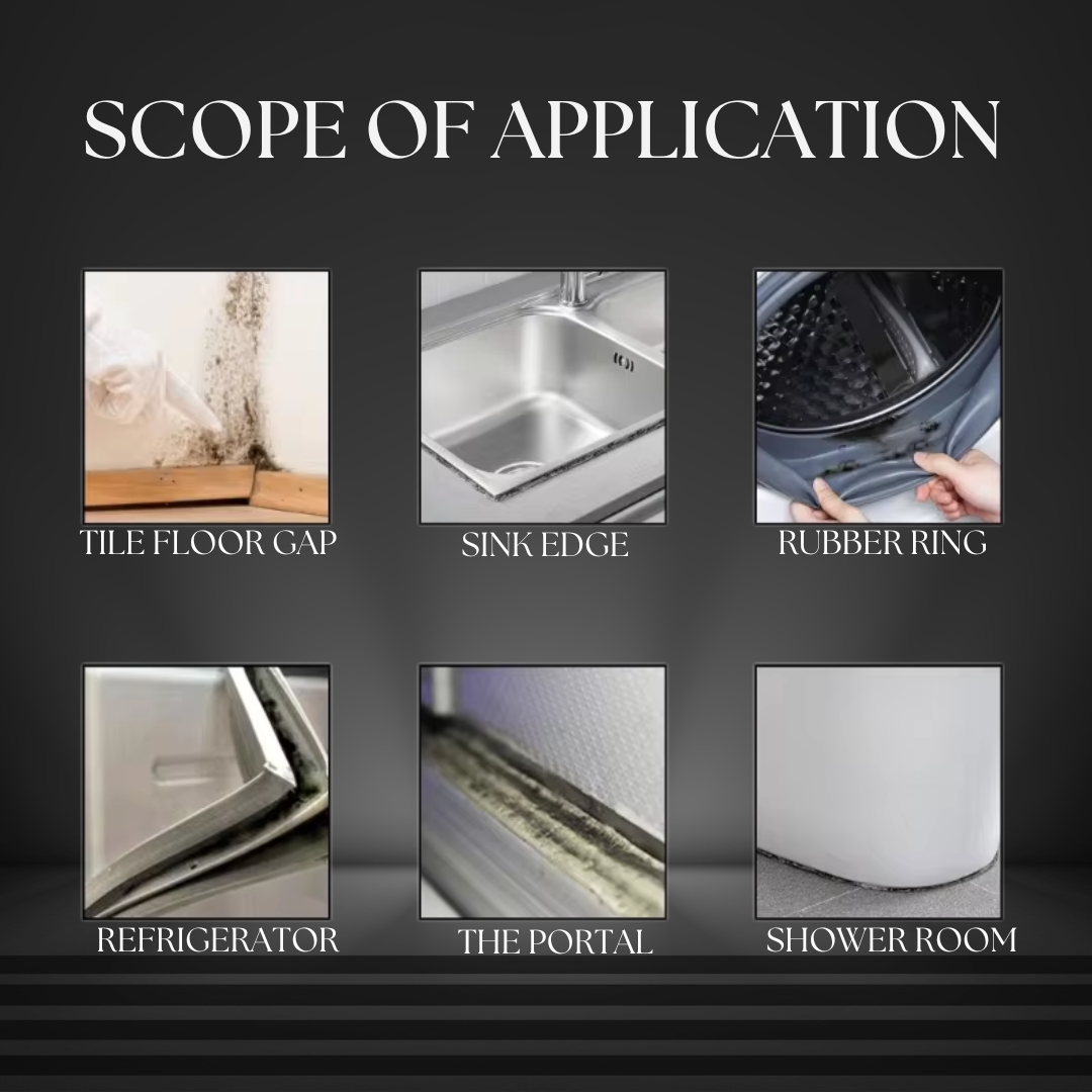 "Eco-friendly mould stain removal gel in tube; powerful cleaning for grout, tiles, sinks; deep penetration; no scrubbing."