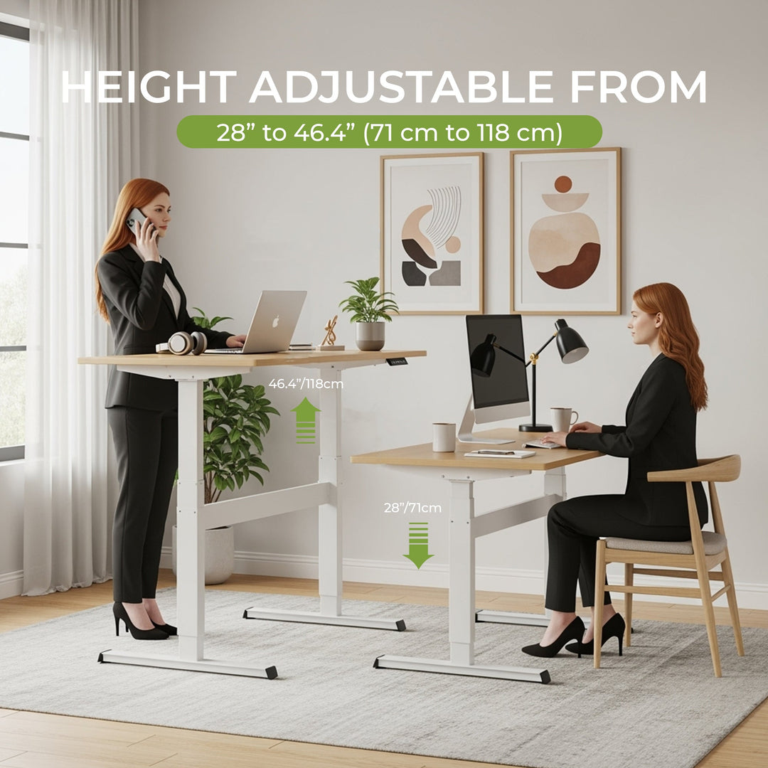 "Electric height adjustable sit-stand computer desk with spacious surface for ergonomic home or office use."