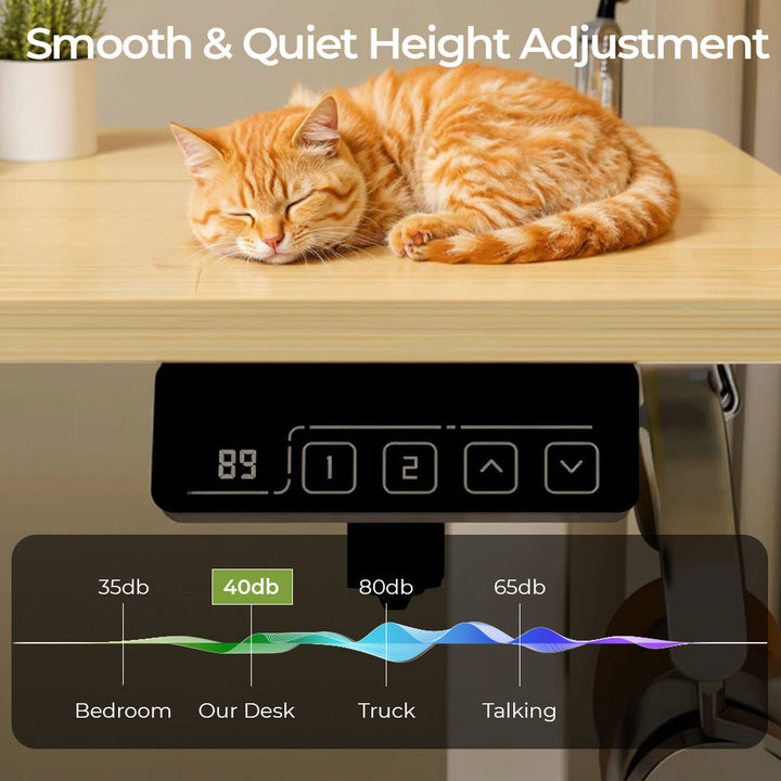"Electric height adjustable sit-stand computer desk with spacious surface for ergonomic home or office use."