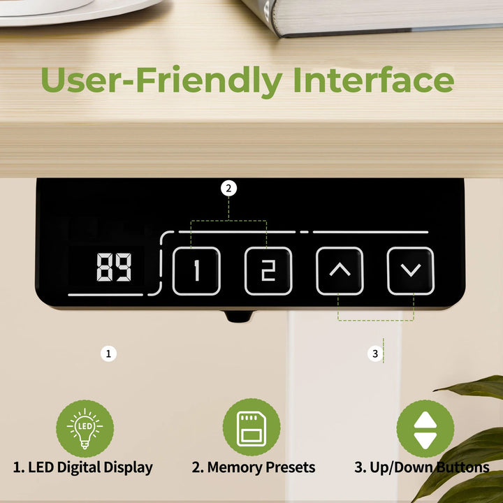 "Electric height adjustable sit-stand computer desk with spacious surface for ergonomic home or office use."