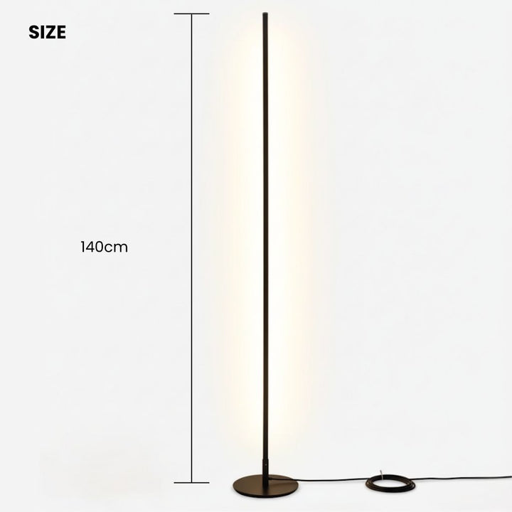 Elegant LED floor lamp with adjustable soft glow, minimalist design in aluminum and acrylic, ideal for modern living rooms.