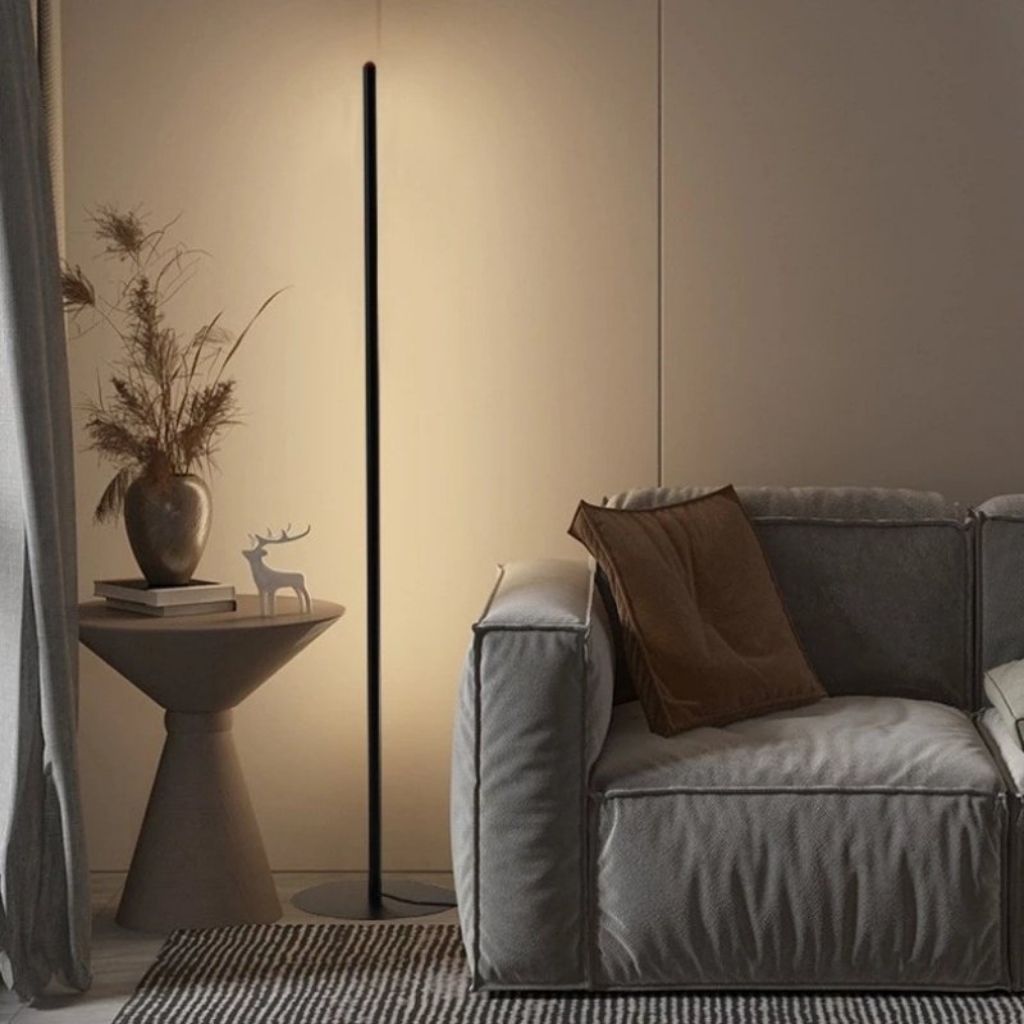 Elegant LED floor lamp with adjustable soft glow, minimalist design in aluminum and acrylic, ideal for modern living rooms.