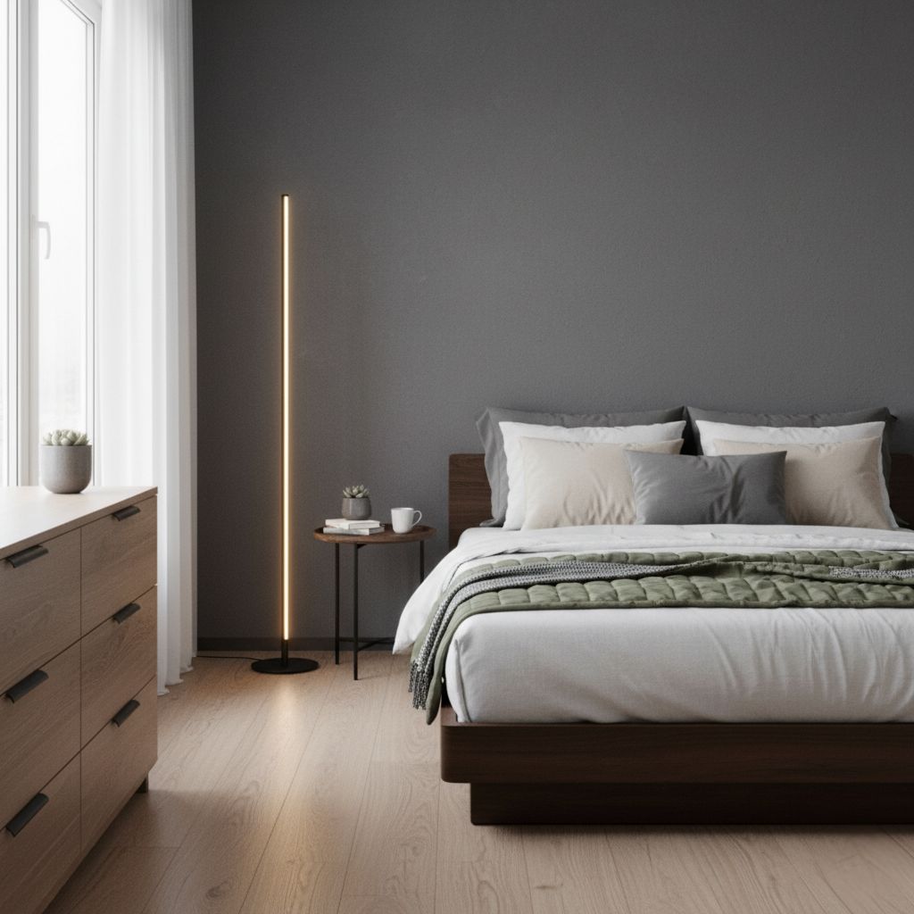 Elegant LED floor lamp with adjustable soft glow, minimalist design in aluminum and acrylic, ideal for modern living rooms.