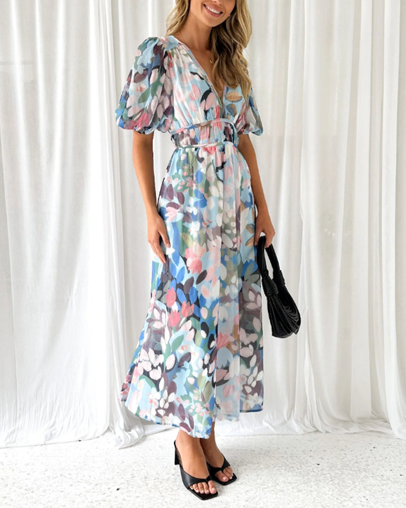 Elegant floral maxi dress with vibrant patterns, graceful flow, and versatile design for any formal occasion or event.