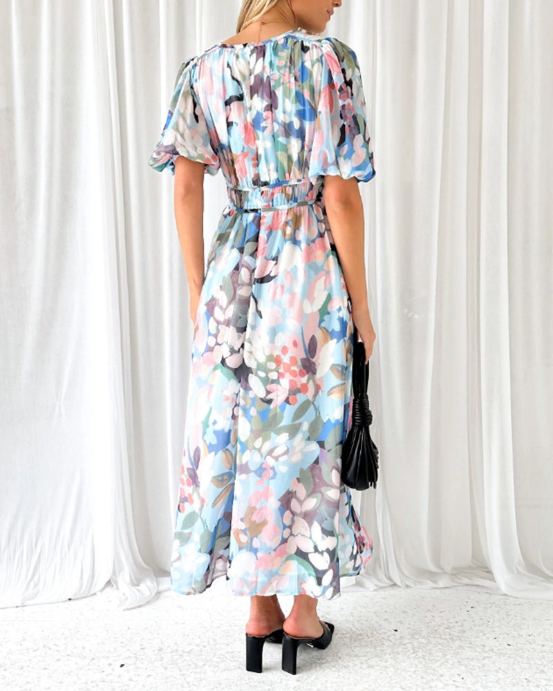 Elegant floral maxi dress with vibrant patterns, graceful flow, and versatile design for any formal occasion or event.
